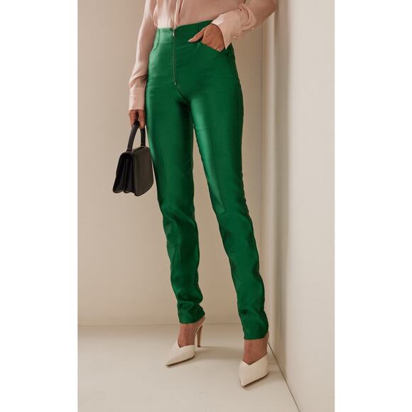 Victoria Beckham Green Satin Zip Straight Slacks 10 UK 6 US Runs Small 2- 4 US - Picture 1 of 6